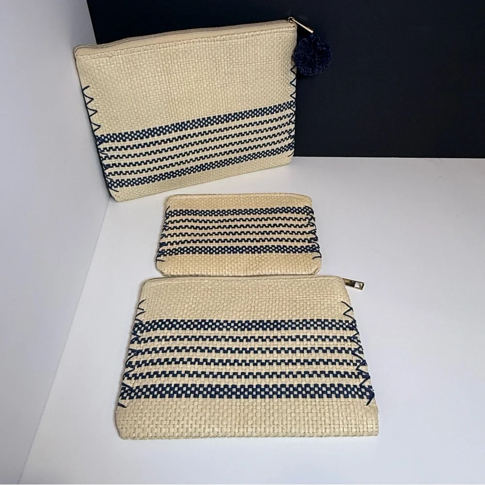 Mud Pie Cream and Navy Straw Makeup Cases- Three Various Sizes